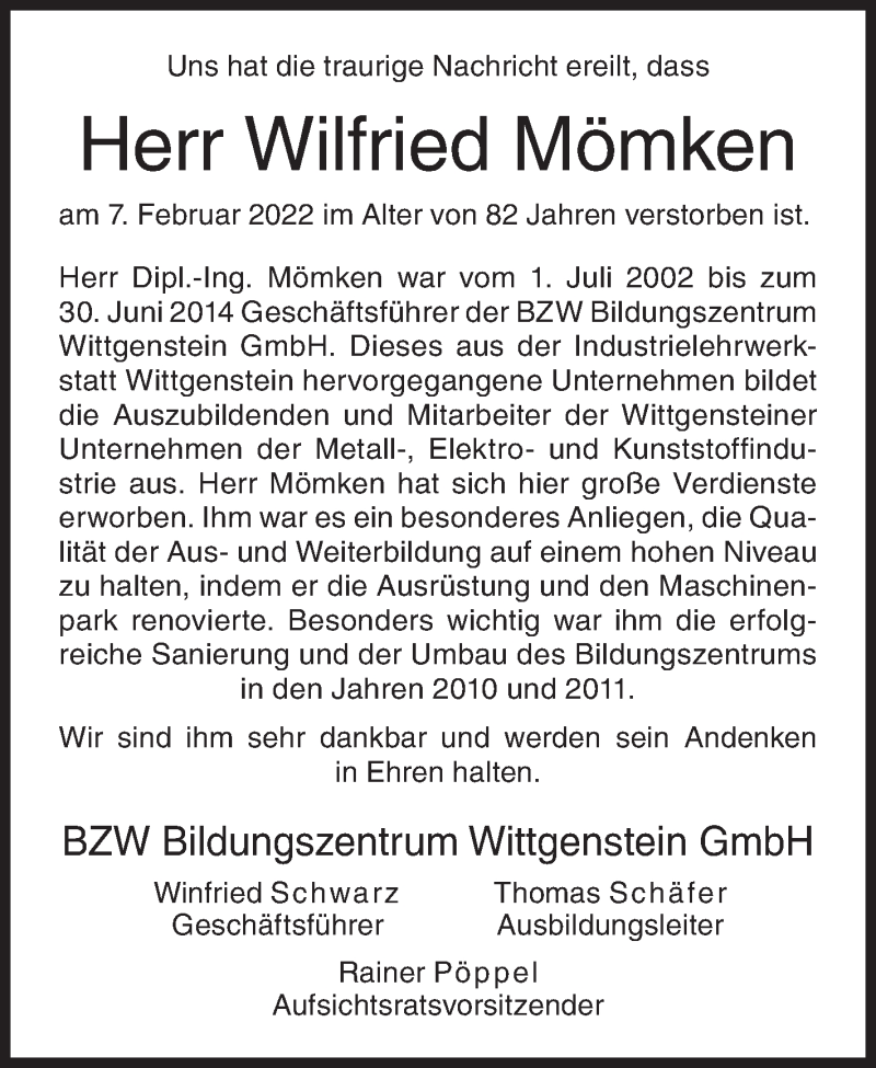  Traueranzeige für Wilfried Mömken vom 26.02.2022 aus Siegener Zeitung