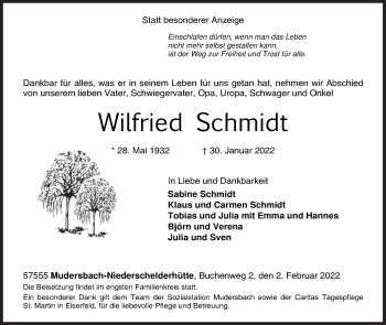 Traueranzeige von Wilfried Schmidt von Siegener Zeitung