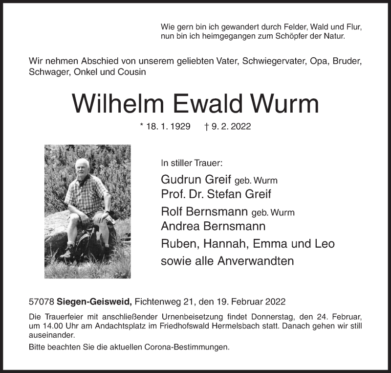  Traueranzeige für Wilhelm Ewald Wurm vom 19.02.2022 aus Siegener Zeitung