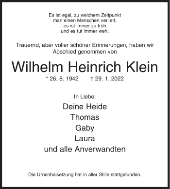 Traueranzeige von Wilhelm Heinrich Klein von Siegener Zeitung