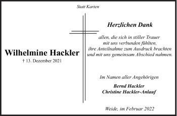 Traueranzeige von Wilhelmine Hackler von Siegener Zeitung