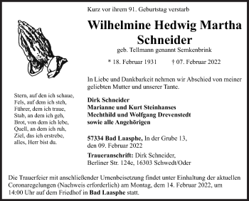Traueranzeige von Wilhelmine Hedwig Martha Schneider von Siegener Zeitung