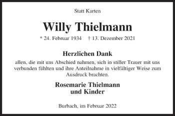 Traueranzeige von Willy Thielmann von Siegener Zeitung