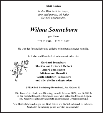 Traueranzeige von Wilma Sonneborn von Siegener Zeitung