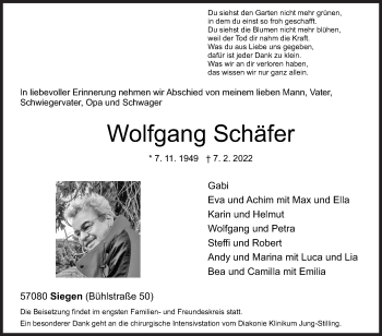Traueranzeige von Wolfgang Schäfer von Siegener Zeitung