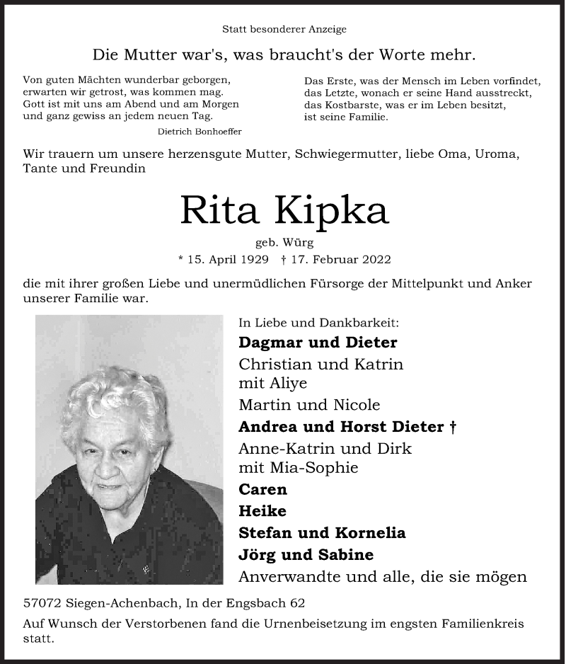  Traueranzeige für Rita Kipka vom 07.03.2022 aus Siegener Zeitung