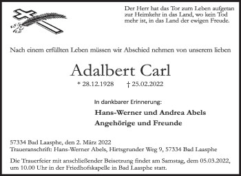 Traueranzeige von Adalbert Carl von Siegener Zeitung