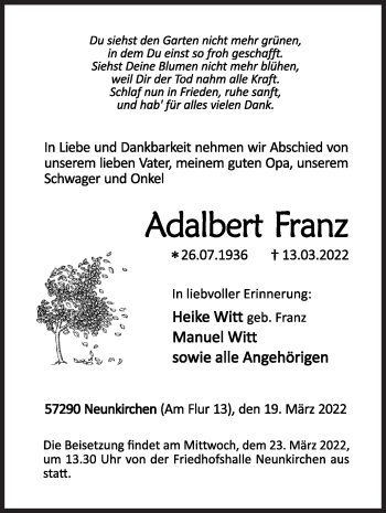 Traueranzeige von Adalbert Franz von Siegener Zeitung