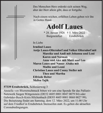 Traueranzeige von Adolf Laues von Siegener Zeitung