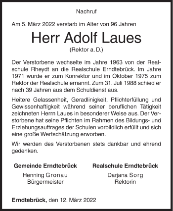 Traueranzeige von Adolf Laues von Siegener Zeitung