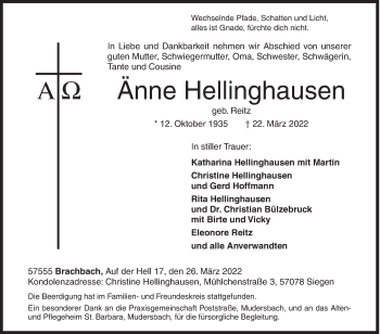 Traueranzeige von Änne Hellinghausen von Siegener Zeitung