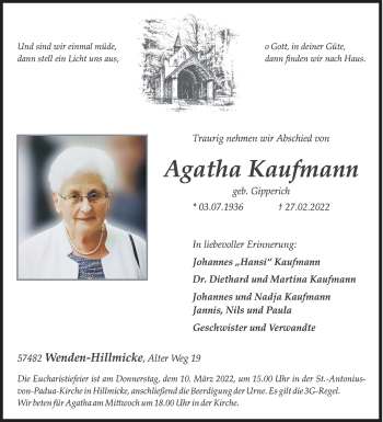 Traueranzeige von Agatha Kaufmann von Siegener Zeitung