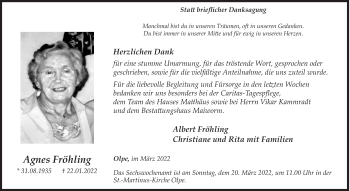 Traueranzeige von Agnes Fröhling von Siegener Zeitung