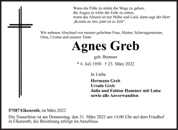 Traueranzeige von Agnes Greb von Siegener Zeitung