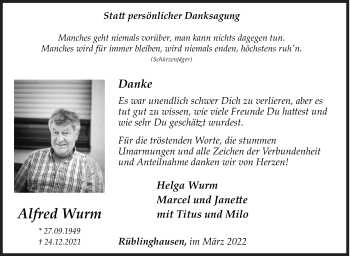 Traueranzeige von Alfred Wurm von Siegener Zeitung