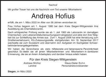 Traueranzeige von Andrea Hofius von Siegener Zeitung