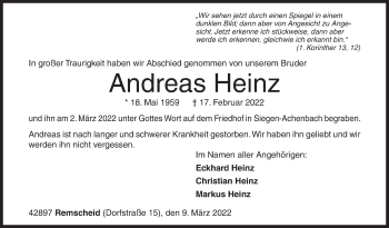Traueranzeige von Andreas Heinz von Siegener Zeitung