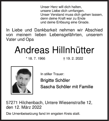 Traueranzeige von Andreas Hillnhütter von Siegener Zeitung