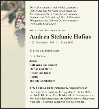 Traueranzeige von Andrea Stefanie Hofius von Siegener Zeitung