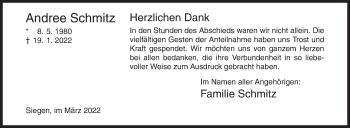 Traueranzeige von Andree Schmitz von Siegener Zeitung