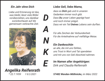Traueranzeige von Angelika Reifenrath von Siegener Zeitung
