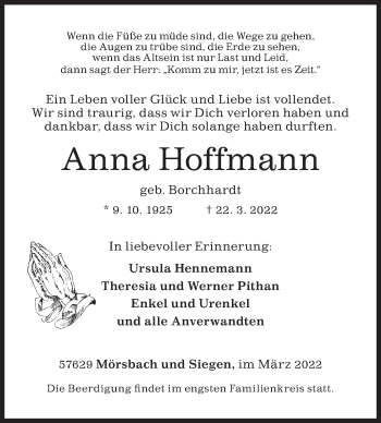 Traueranzeige von Anna Hoffmann von Siegener Zeitung