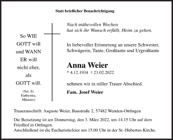 Traueranzeige von Anna Weier von Siegener Zeitung