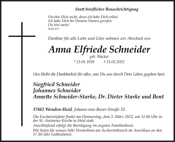 Traueranzeige von Anna Elfriede Schneider von Siegener Zeitung