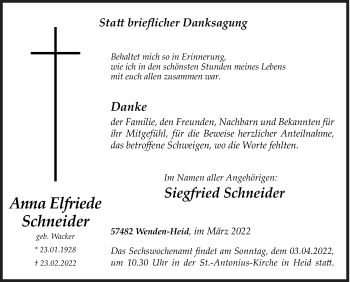 Traueranzeige von Anna Elfriede Schneider von Siegener Zeitung