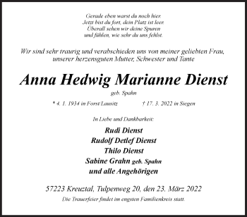 Traueranzeige von Anna Hedwig Marianne Dienst von Siegener Zeitung