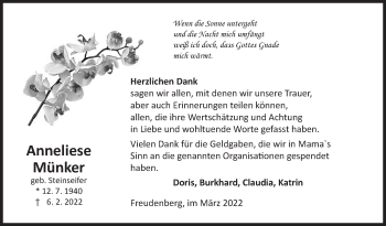 Traueranzeige von Anneliese Münker von Siegener Zeitung