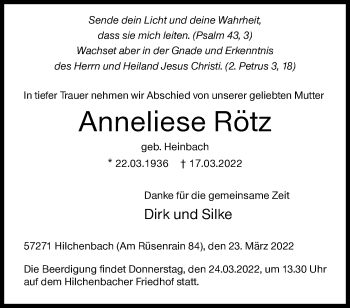Traueranzeige von Anneliese Rötz von Siegener Zeitung