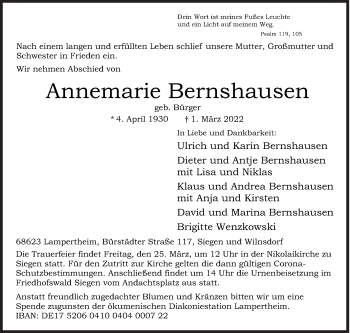 Traueranzeige von Annemarie Bernshausen von Siegener Zeitung