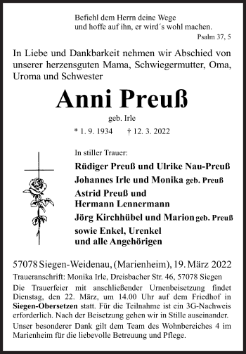 Traueranzeige von Anni Preuß von Siegener Zeitung
