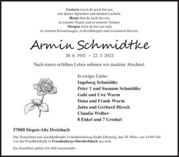 Traueranzeige von Armin Schmidtke von Siegener Zeitung