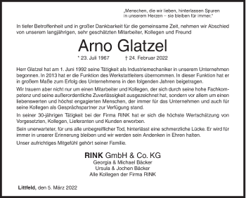 Traueranzeige von Arno Glatzel von Siegener Zeitung