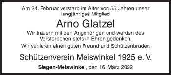 Traueranzeige von Arno Glatzel von Siegener Zeitung