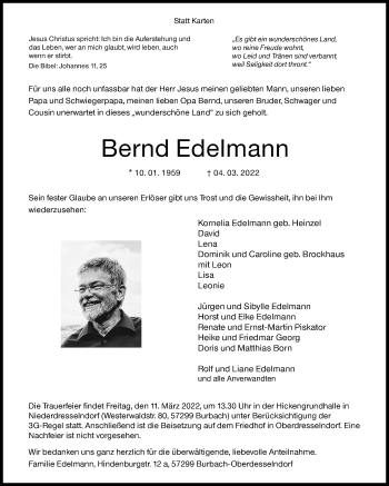 Traueranzeige von Bernd Edelmann von Siegener Zeitung