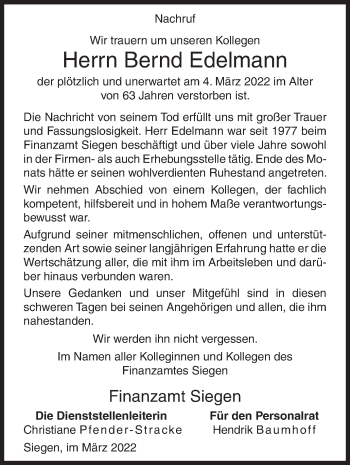 Traueranzeige von Bernd Edelmann von Siegener Zeitung