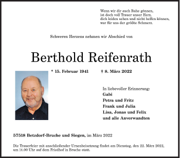 Traueranzeige von Berthold Reifenrath von Siegener Zeitung