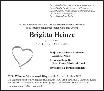 Traueranzeige von Brigitta Heinze von Siegener Zeitung