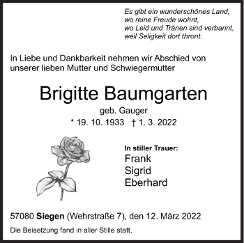 Traueranzeige von Brigitte Baumgarten von Siegener Zeitung
