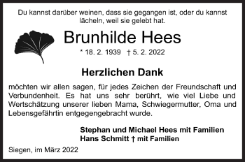 Traueranzeige von Brunhilde Hees von Siegener Zeitung