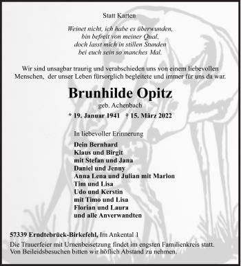 Traueranzeige von Brunhilde Opitz von Siegener Zeitung