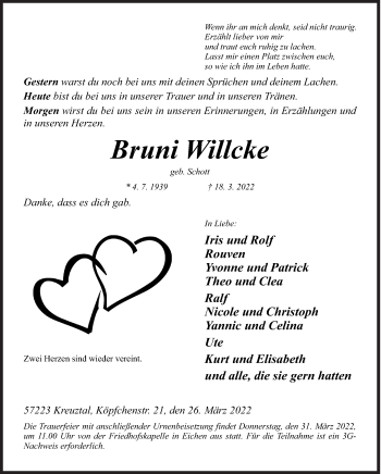 Traueranzeige von Bruni Willcke von Siegener Zeitung