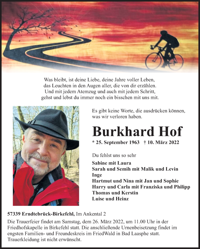  Traueranzeige für Burkhard Hof vom 19.03.2022 aus Siegener Zeitung
