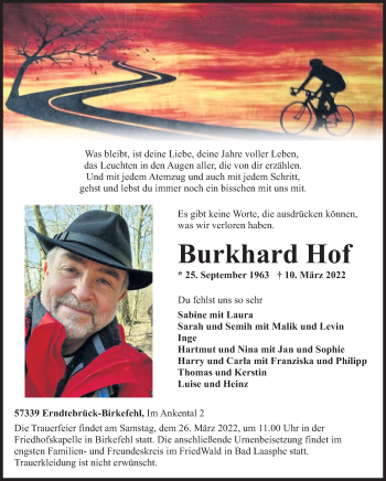Traueranzeige von Burkhard Hof von Siegener Zeitung