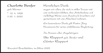Traueranzeige von Charlotte Benfer von Siegener Zeitung