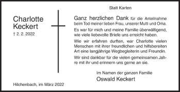 Traueranzeige von Charlotte Keckert von Siegener Zeitung
