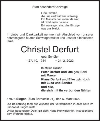 Traueranzeige von Christel Derfurt von Siegener Zeitung